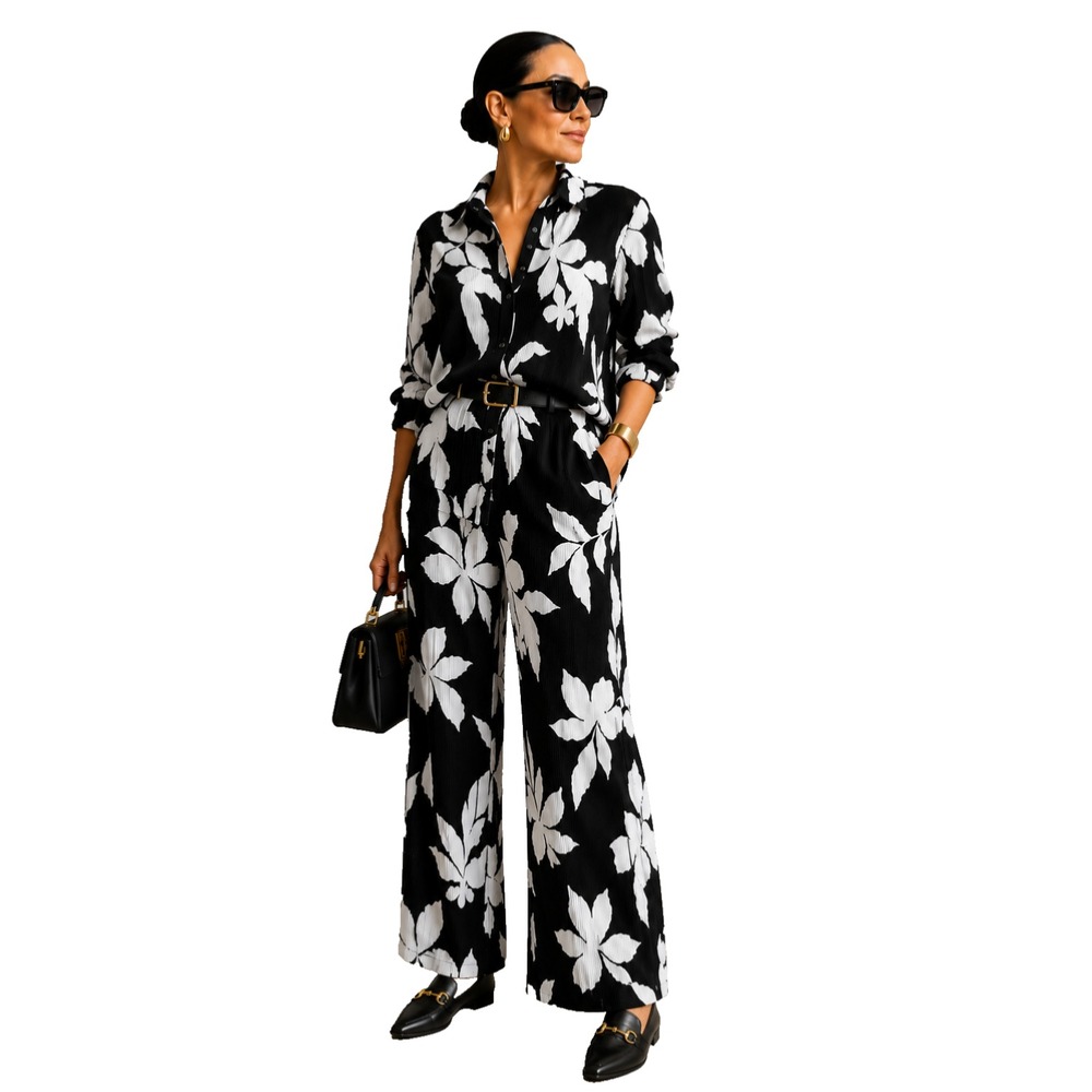 Women's Black White Floral 2 Piece Pant Set Ribbed Travel Resort Outfit L